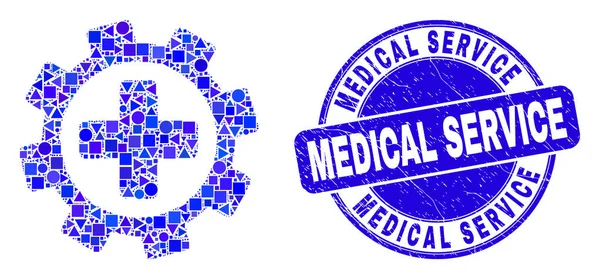 Sello de sello de servicio médico Blue Grunge y mosaico de engranajes de servicio médico — Archivo Imágenes Vectoriales