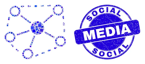 Blu angoscia Social Media Seal e collegamenti Mosaico — Vettoriale Stock