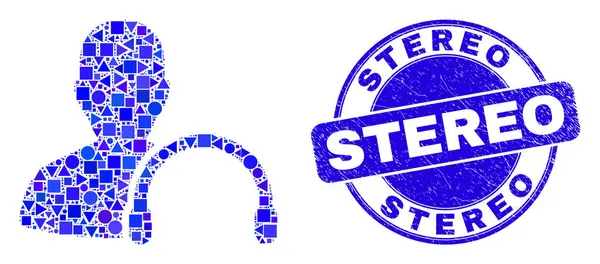 Blauer zerkratzter Stereo-Stempel und User-Kopfhörermosaik — Stockvektor