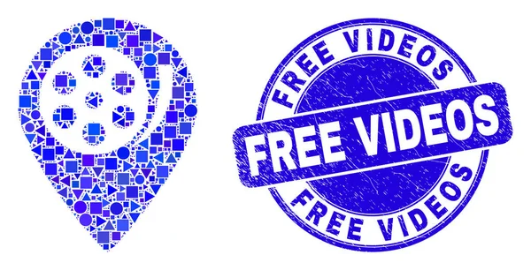 Blue Grunge Kostenlose Videos Stempelsiegel und Mosaik für Filmkarten — Stockvektor