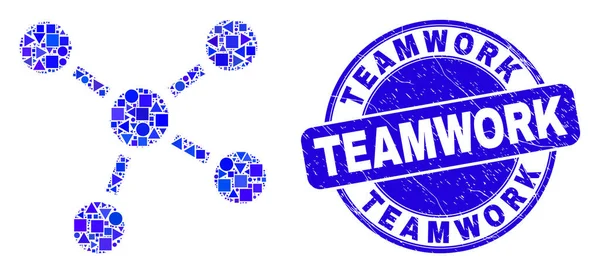 Blue Distress Teamwork Stamp Seal and Connections Mosaic — Stock Vector