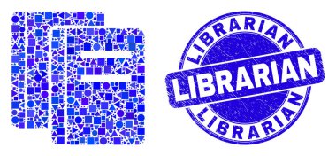 Mavi Çizik Kütüphaneci Mühür ve Kitaplar Mozaiği