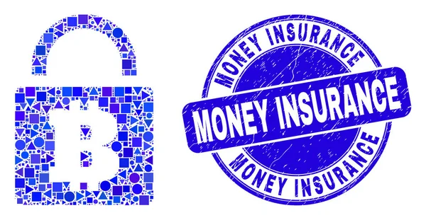Μπλε γρατσουνισμένο σφραγίδα ασφάλισης χρημάτων και ψηφιδωτό κλειδαριών Bitcoin — Διανυσματικό Αρχείο