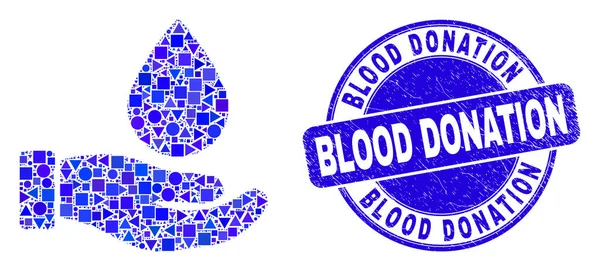 Segel Donasi Darah Grunge Biru dan Donasi Darah Mosaik Tangan - Stok Vektor