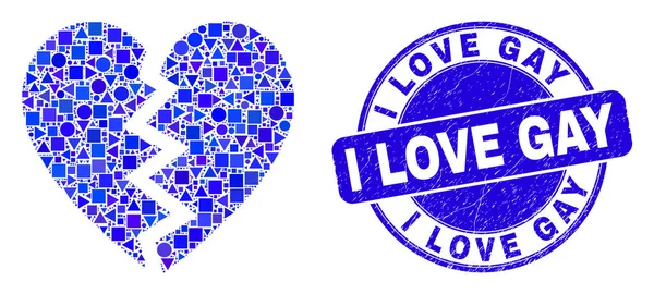 Blue Grunge I Love Gay Stamp Seal and Broken Heart Mosaic — Stock Vector