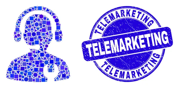 Blue Grunge Telemarketing Stamp and Call Center Serviceman Mozaiği