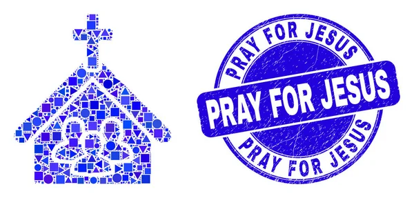 Azul angústia rezar por Jesus selo e Igreja Pessoas Mosaico —  Vetores de Stock