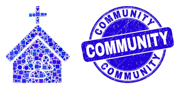 Blue Grunge Community Seal e Igreja Pessoas Mosaico —  Vetores de Stock