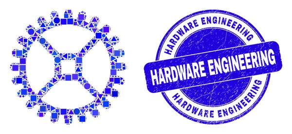 Blue Distress Hardware Engineering Seal and Clock Gear Mosaic — Stockový vektor