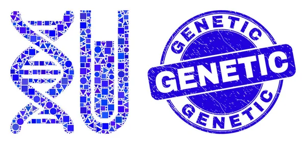 Mavi Çizik Genetik Mühür ve DNA Test Tüpü Mozaiği — Stok Vektör