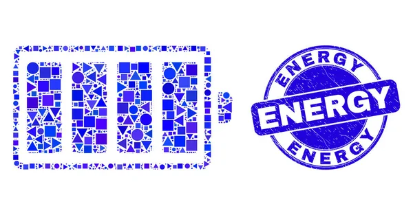 Modrá poškrábaná energetická razítka těsnění a elektrická mozaika baterie — Stockový vektor