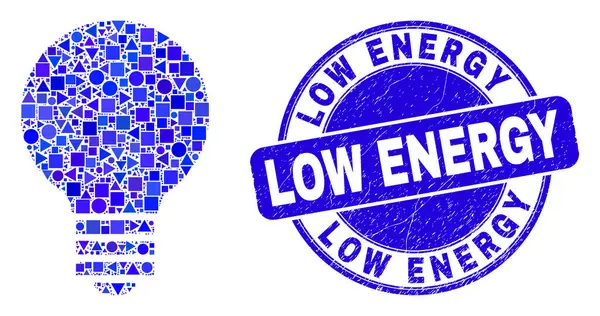 Blaues zerkratztes Niedrigenergiesiegel und Glühbirnen-Mosaik — Stockvektor