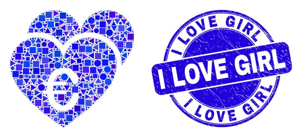 Bleu rayé j'aime fille timbre et euro amour coeurs mosaïque — Image vectorielle