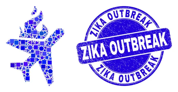 Sello de brote de zika de angustia azul y mosaico de avión disparado — Vector de stock