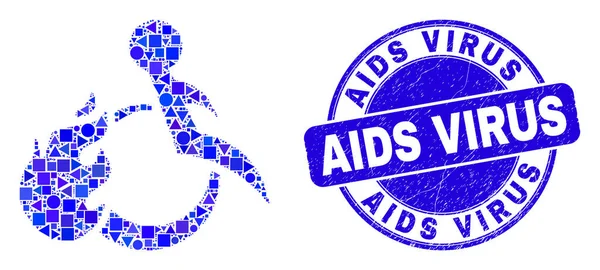 Selo azul do selo do vírus da SIDA do grunge e mosaico despedido da pessoa com deficiência —  Vetores de Stock