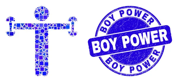 蓝色Grunge Boy Power Stamp and Fitness People Mosaic — 图库矢量图片