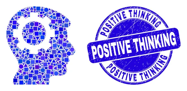 Blue Grunge Positive Thinking Stempelsiegel und Gear Thinking Head Mosaik — Stockvektor