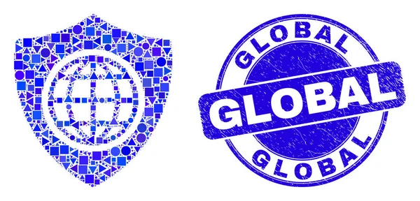 Guarnizione timbro globale blu di soccorso e mosaico scudo globale — Vettoriale Stock