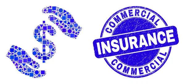 Blue Grunge Commercial Insurance Pieczęć Pieczęć i Pielęgnacja Dłoni Dolar Mozaika — Wektor stockowy