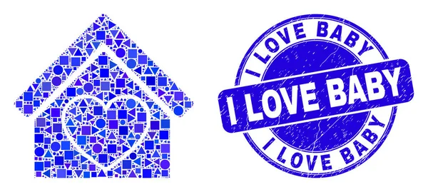 Blue Scratched Kocham Pieczęć Pieczęć Baby i Love House Mozaika — Wektor stockowy