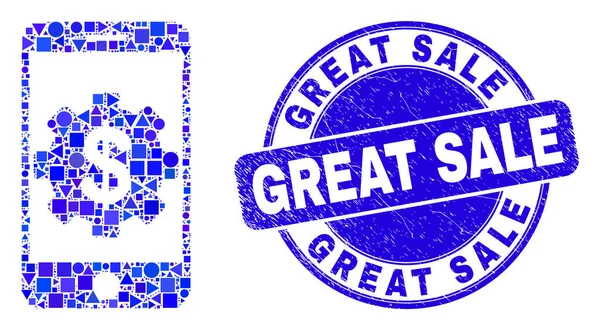 Blue Distress Great Sale Stämpel Seal och Mobile Bank Settings Mosaic — Stock vektor