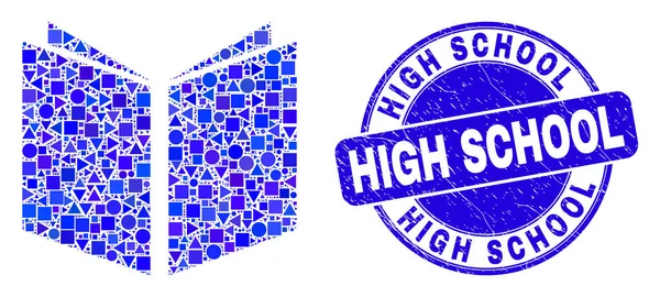 Blue Grunge High School Seal e Open Book Mosaico — Vettoriale Stock