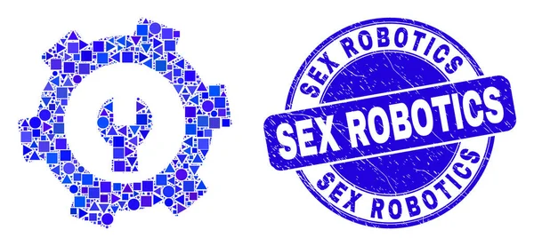 Blue Scratched Sex Robotics Stempel Seal en reparatie vistuig Mozaïek — Stockvector