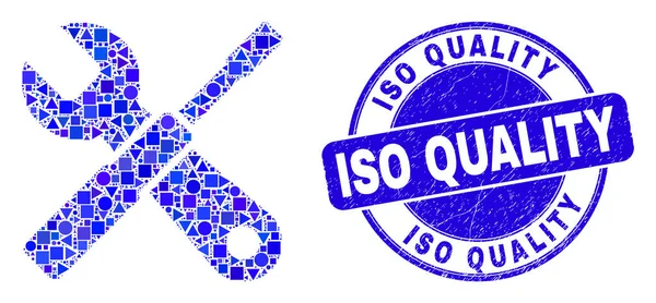 Blue Scratched ISO Quality Seal en Setup Tools Mozaïek — Stockvector