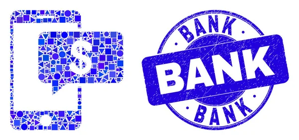 Blue Scratched Bank Stamp ve Smartphone Bank Mesaj Mozaiği — Stok Vektör