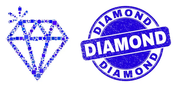 Selo de diamante riscado azul e faísca Mosaico brilhante — Vetor de Stock