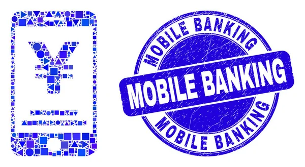 Blue Grunge Mobile Banking Seal и Yen Mobile Banking Mosaic — стоковый вектор