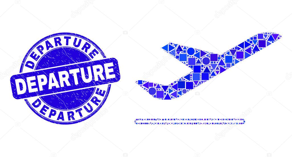 Blue Grunge Departure Stamp Seal and Airplane Departure Mosaic