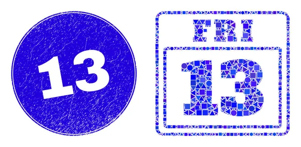 Mavi Grunge 13 Damga ve 13 Cuma Takvim Mozaiği — Stok Vektör