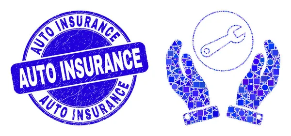 Kék vészhelyzet Auto Insurance Stamp Seal and Wrench Repair Hands Mozaik — Stock Vector