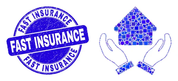 Μπλε γρατσουνισμένο Fast Insurance Stamp και House Care Hands Mosaic — Διανυσματικό Αρχείο