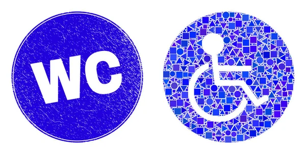 Mavi Grunge WC Damgası ve Tekerlekli Sandalye Mozaiği — Stok Vektör