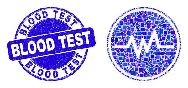 Blue Grunge Blood Test Stamp Seal and Pulse Signal Mosaic — Stock Vector