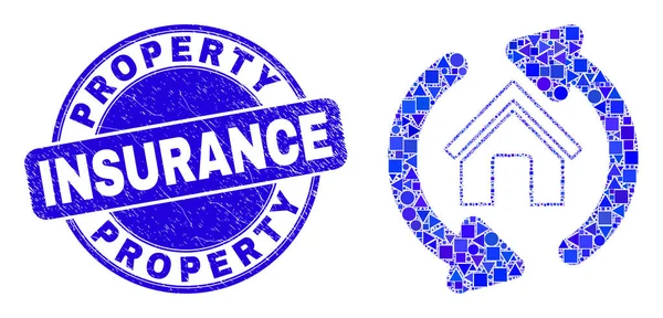 Blue Grunge Property Insurance Sello y Inicio Refrescar Flechas Mosaico — Archivo Imágenes Vectoriales