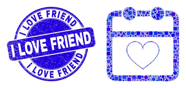 블루 스크래치 I Love Friend Stamp Samp Seal and Valentine Calendar Page Mosaic — 스톡 벡터