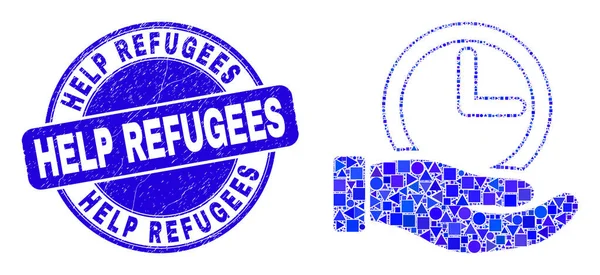 Blaue Kratzer helfen Flüchtlingen Stempelsiegel und Zeitservice-Handmosaik — Stockvektor