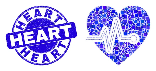 Синій подряпаний серцевий штамп і пульсова мозаїка серця — стоковий вектор