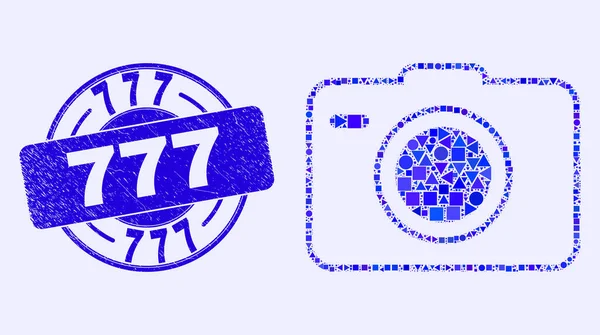 Μπλε scratched 777 σφραγίδα και φωτογραφική μηχανή ψηφιδωτό — Διανυσματικό Αρχείο