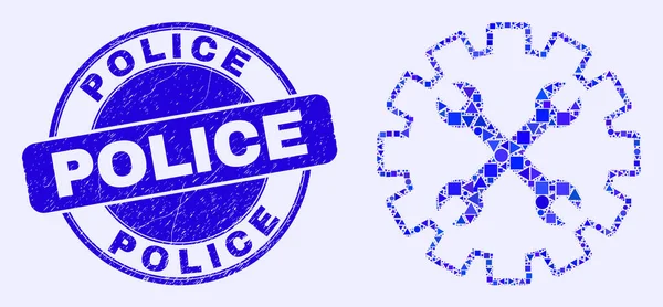 Blue Scratched Police Stamp and Tools Gear Mosaic — Stock Vector