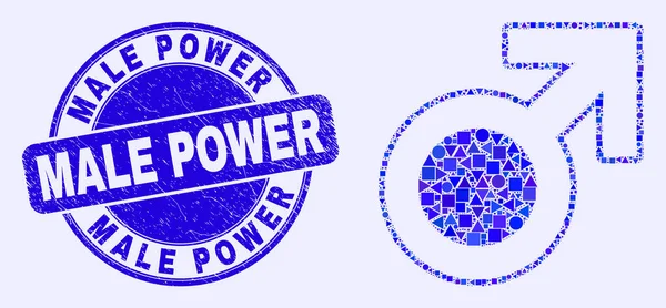 Timbre de puissance mâle Grunge bleu et mosaïque de symboles masculins — Image vectorielle