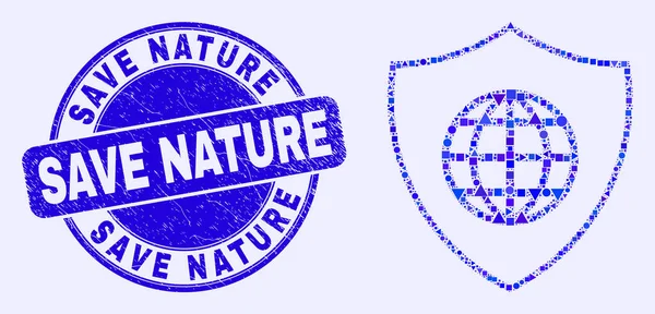 Blue Scratched Save Nature Stamp Seal και Ψηφιδωτό της Παγκόσμιας Ασπίδας — Διανυσματικό Αρχείο