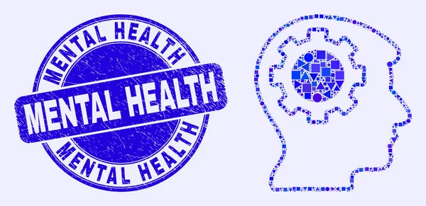 Blue Distress Mental Health Seal and Gear Thinking Head Mosaic — Stock Vector