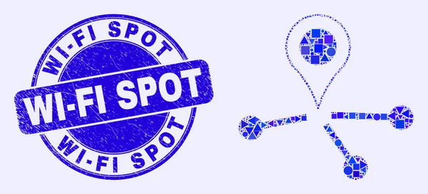 Blue Grunge Wi-Fi Spot Stempel Seal en kaart Pointer Links Mozaïek — Stockvector