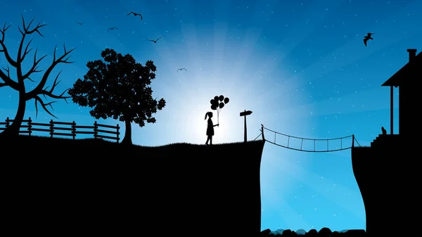 Hermoso paisaje nocturno misterioso y niña pequeña con montón de globos — Vector de stock