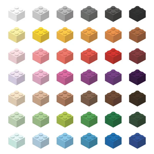 Детские кирпичные игрушки простой цветовой спектр кирпичей 2x2 высотой, изолированные на белом фоне — стоковый вектор