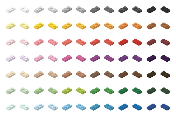 Juguete de ladrillo para niños simples ladrillos coloridos 2x1 bajos, aislados sobre fondo blanco — Vector de stock